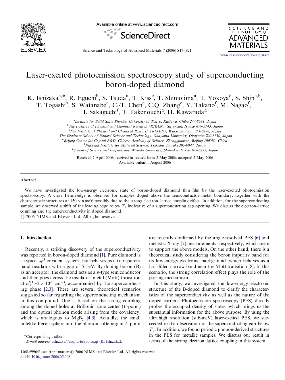 عکس صفحه اول مقاله: Laser-excited photoemission spectroscopy study of superconducting boron-doped diamond Laser-excited photoemission spectroscopy study of superconducting boron-doped diamond