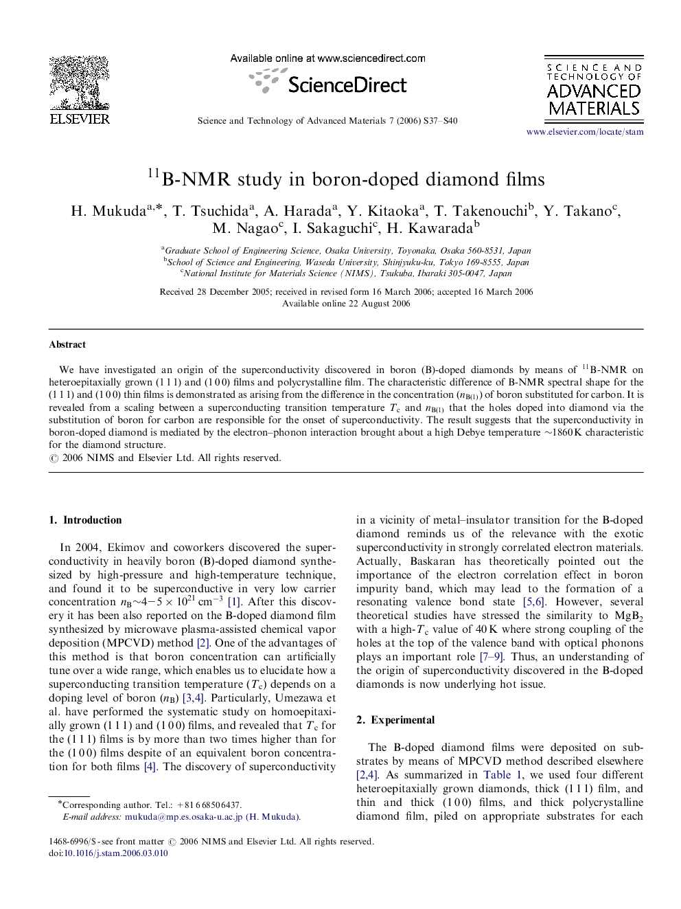 عکس صفحه اول مقاله: B11-NMR study in boron-doped diamond films B11-NMR study in boron-doped diamond films