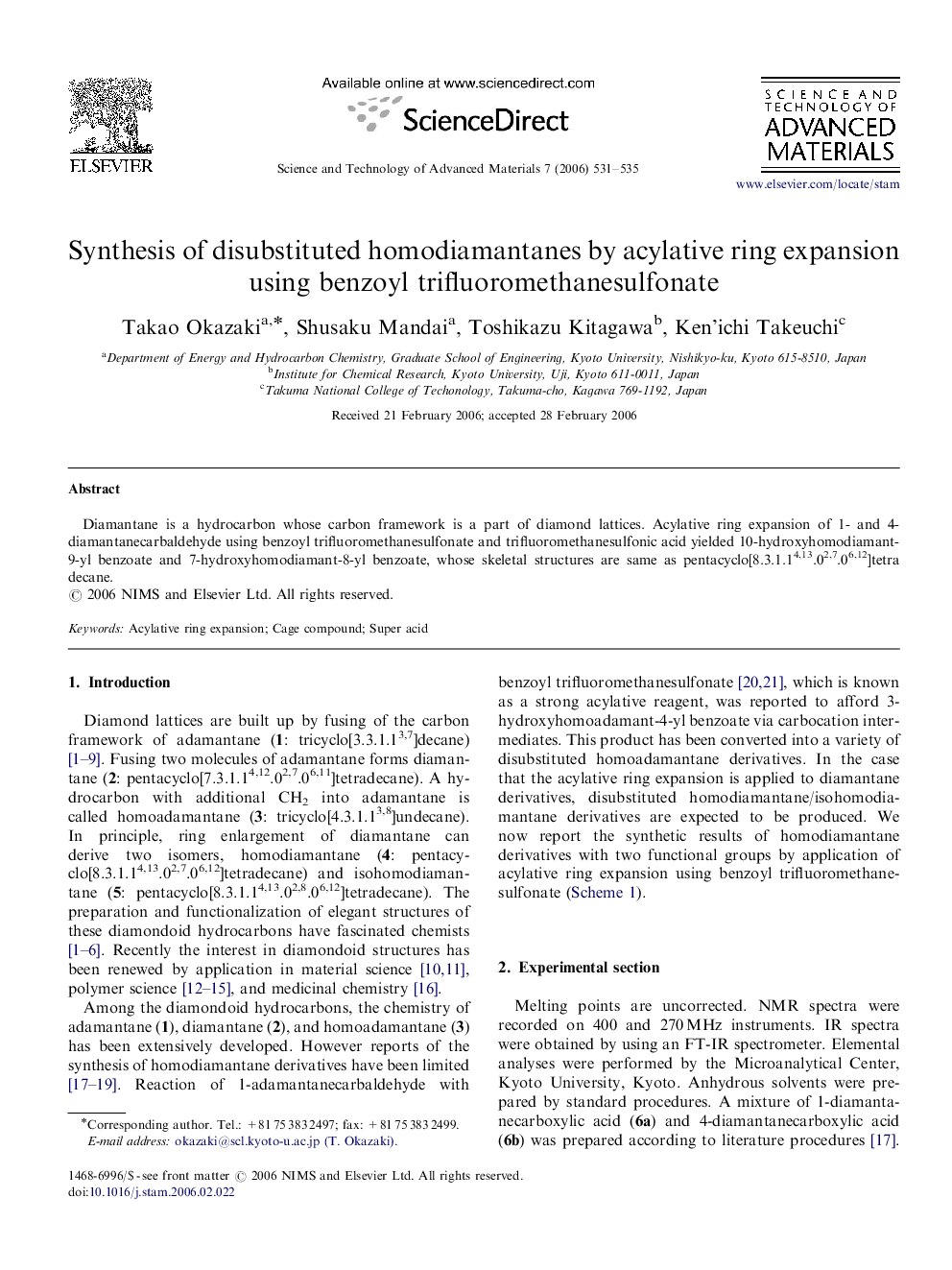 Synthesis of disubstituted homodiamantanes by acylative ring expansion using benzoyl trifluoromethanesulfonate