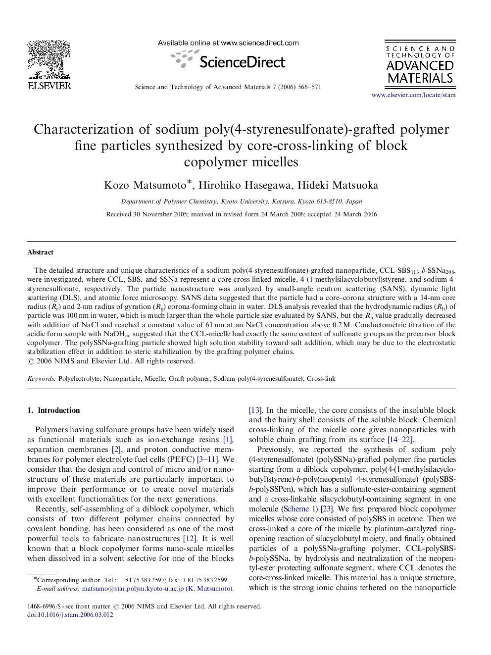 Characterization of sodium poly(4-styrenesulfonate)-grafted polymer fine particles synthesized by core-cross-linking of block copolymer micelles