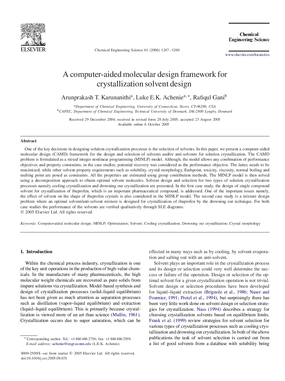 A computer-aided molecular design framework for crystallization solvent design