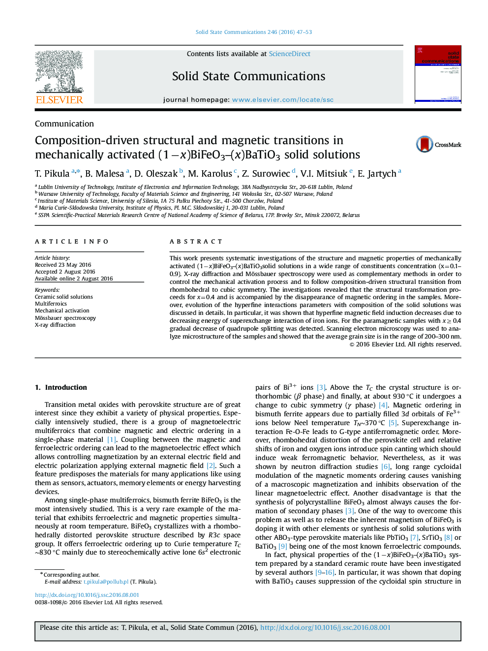 Composition-driven structural and magnetic transitions in mechanically activated (1âx)BiFeO3-(x)BaTiO3 solid solutions