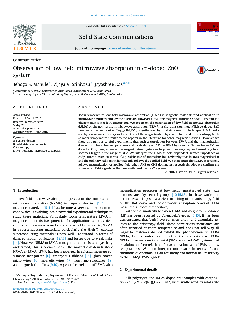 Observation of low field microwave absorption in co-doped ZnO system