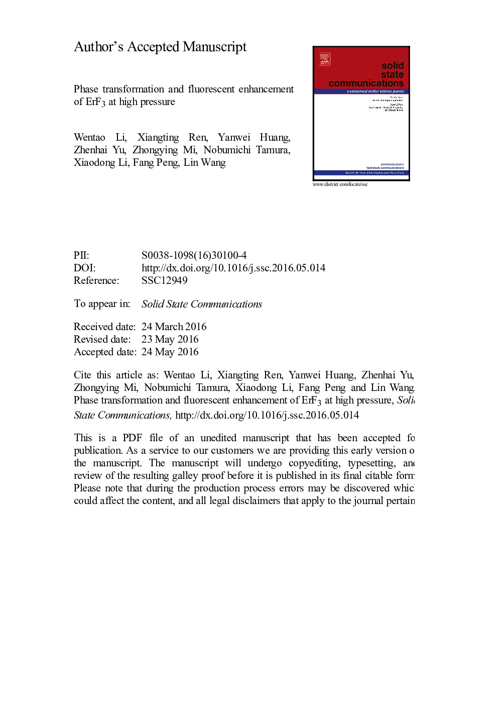 Phase transformation and fluorescent enhancement of ErF3 at high pressure