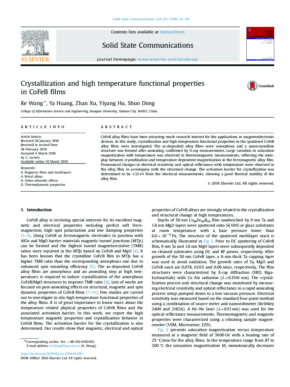 Crystallization and high temperature functional properties in CoFeB films