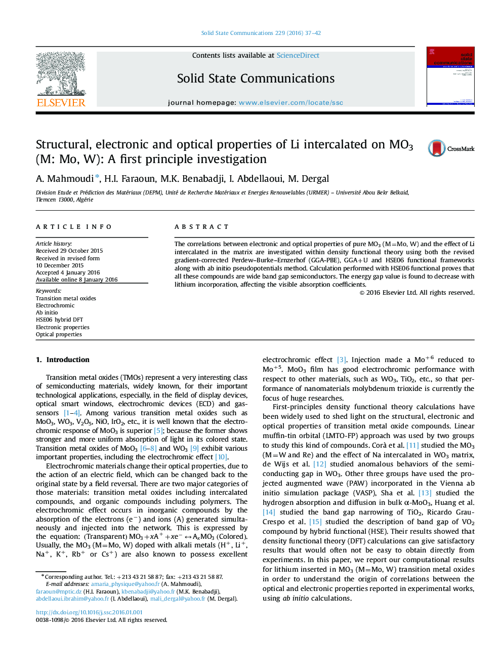 عکس صفحه اول مقاله: Structural, electronic and optical properties of Li intercalated on MO3 (M: Mo, W): A first principle investigation Structural, electronic and optical properties of Li intercalated on MO3 (M: Mo, W): A first principle investigation