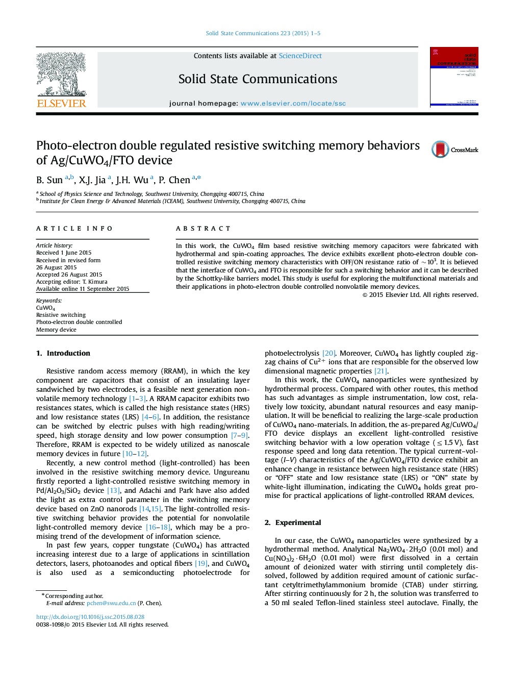 Photo-electron double regulated resistive switching memory behaviors of Ag/CuWO4/FTO device