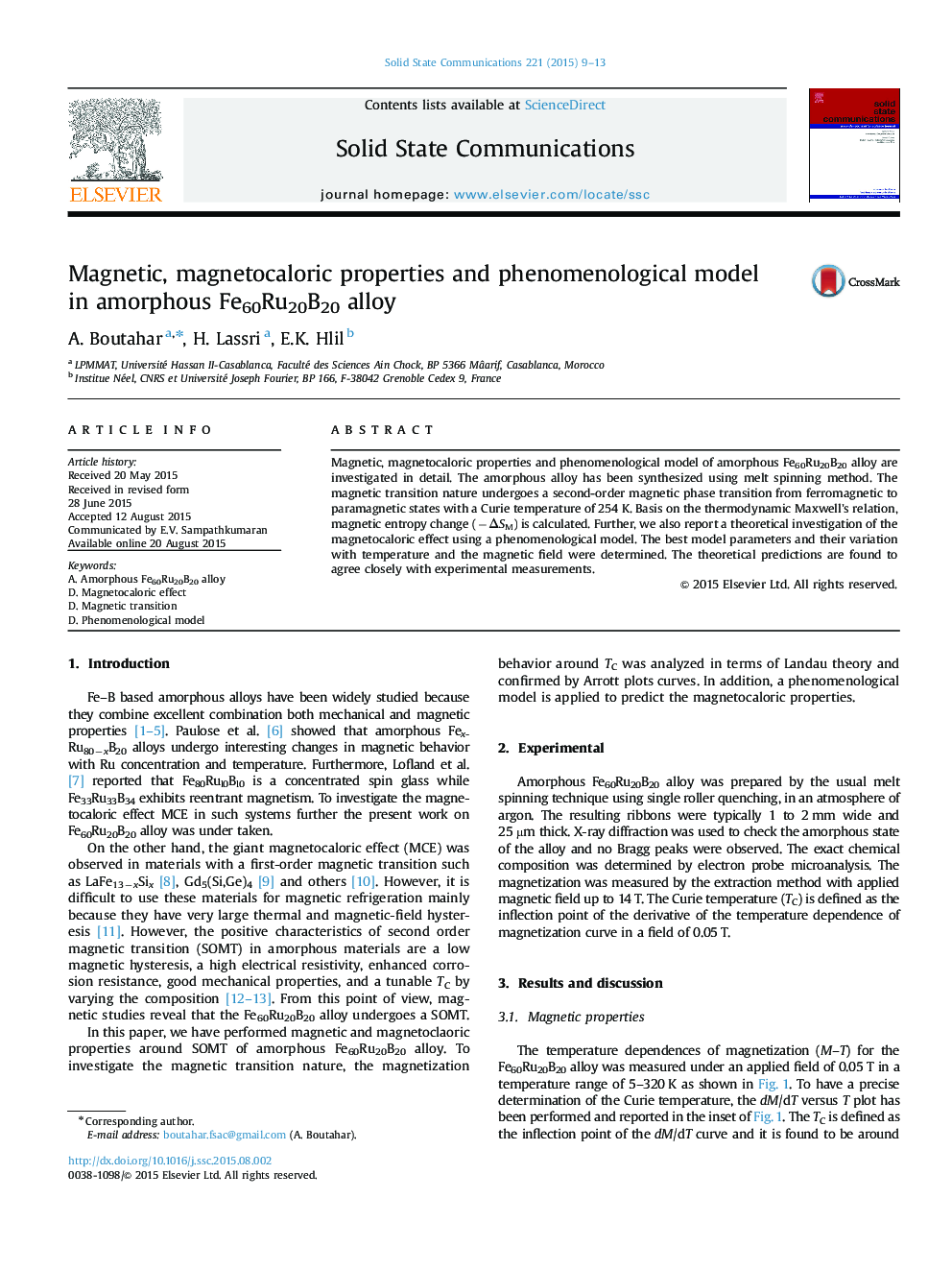 Magnetic, magnetocaloric properties and phenomenological model in amorphous Fe60Ru20B20 alloy