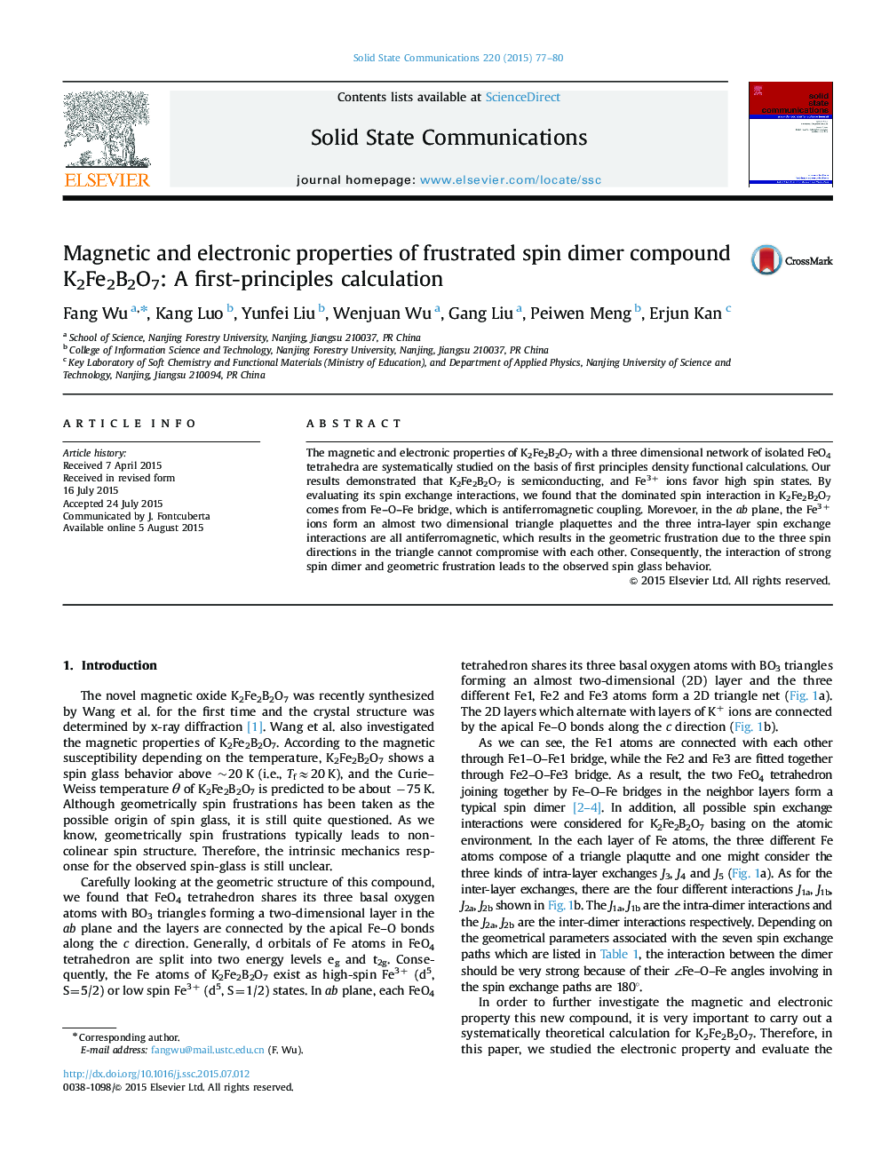 عکس صفحه اول مقاله: Magnetic and electronic properties of frustrated spin dimer compound K2Fe2B2O7: A first-principles calculation Magnetic and electronic properties of frustrated spin dimer compound K2Fe2B2O7: A first-principles calculation