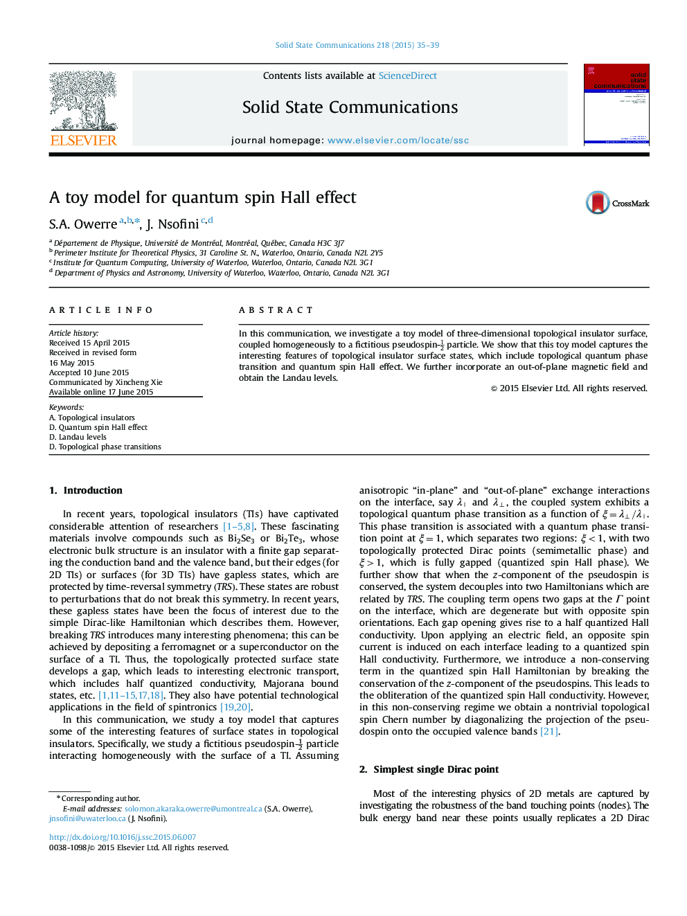 A toy model for quantum spin Hall effect