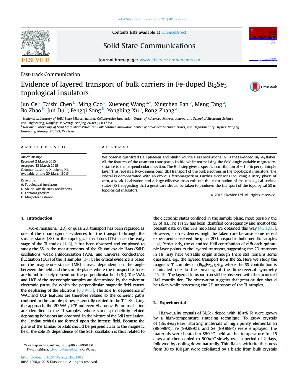 Evidence of layered transport of bulk carriers in Fe-doped Bi2Se3 topological insulators