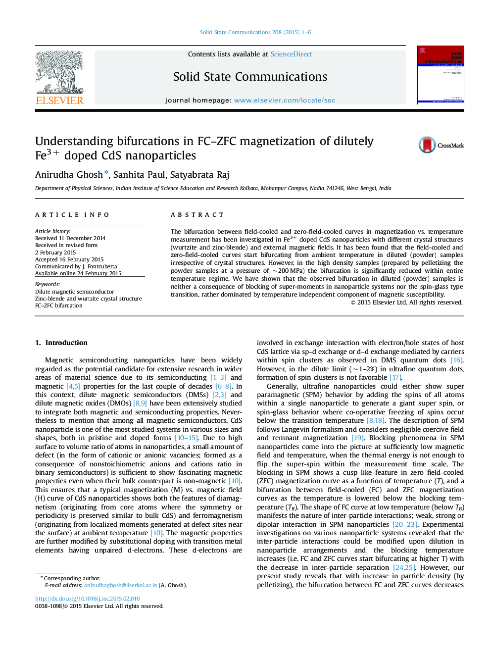 Understanding bifurcations in FC–ZFC magnetization of dilutely Fe3+ doped CdS nanoparticles