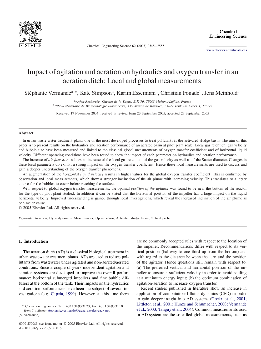 Impact of agitation and aeration on hydraulics and oxygen transfer in an aeration ditch: Local and global measurements