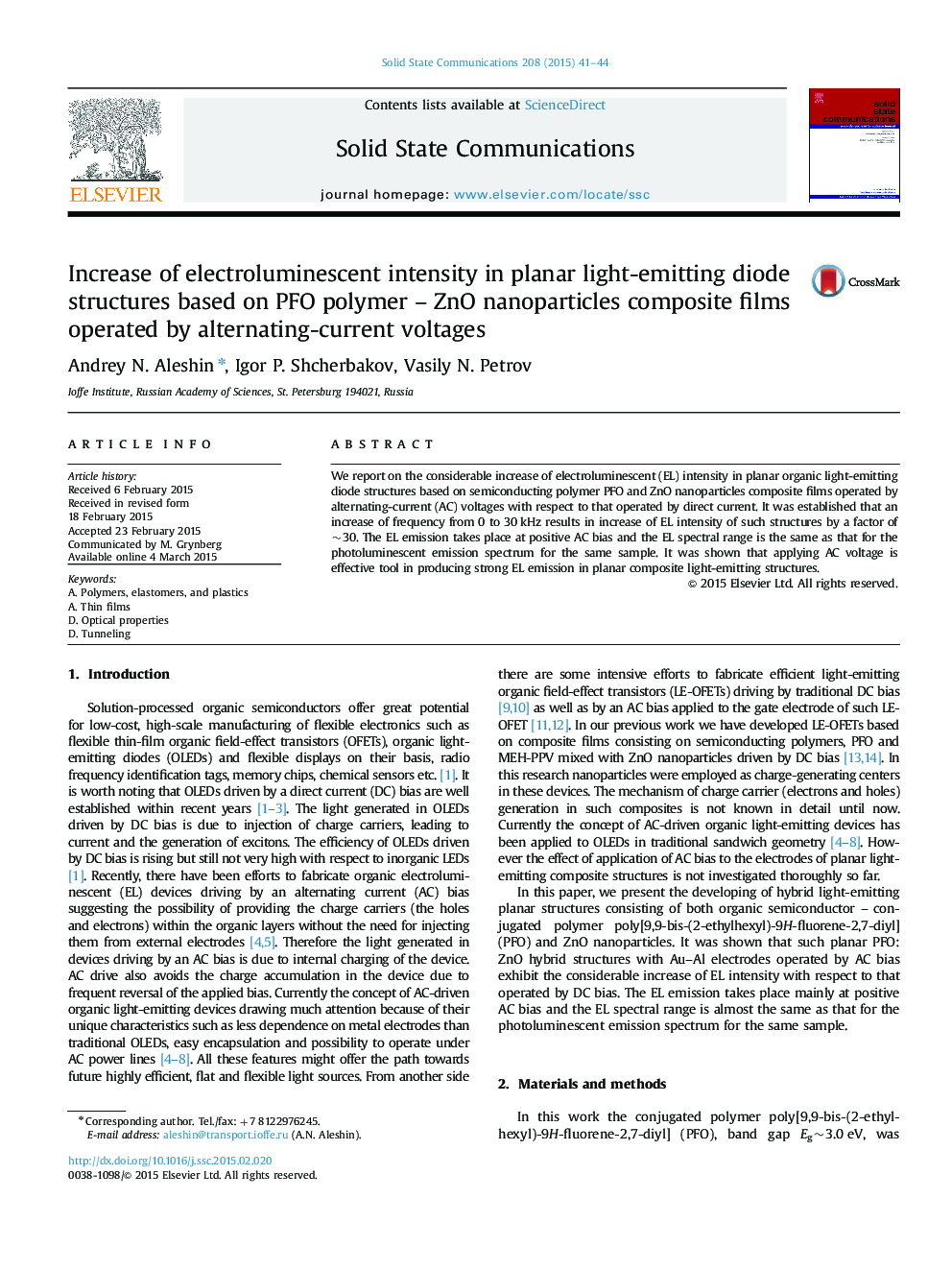 Increase of electroluminescent intensity in planar light-emitting diode structures based on PFO polymer – ZnO nanoparticles composite films operated by alternating-current voltages