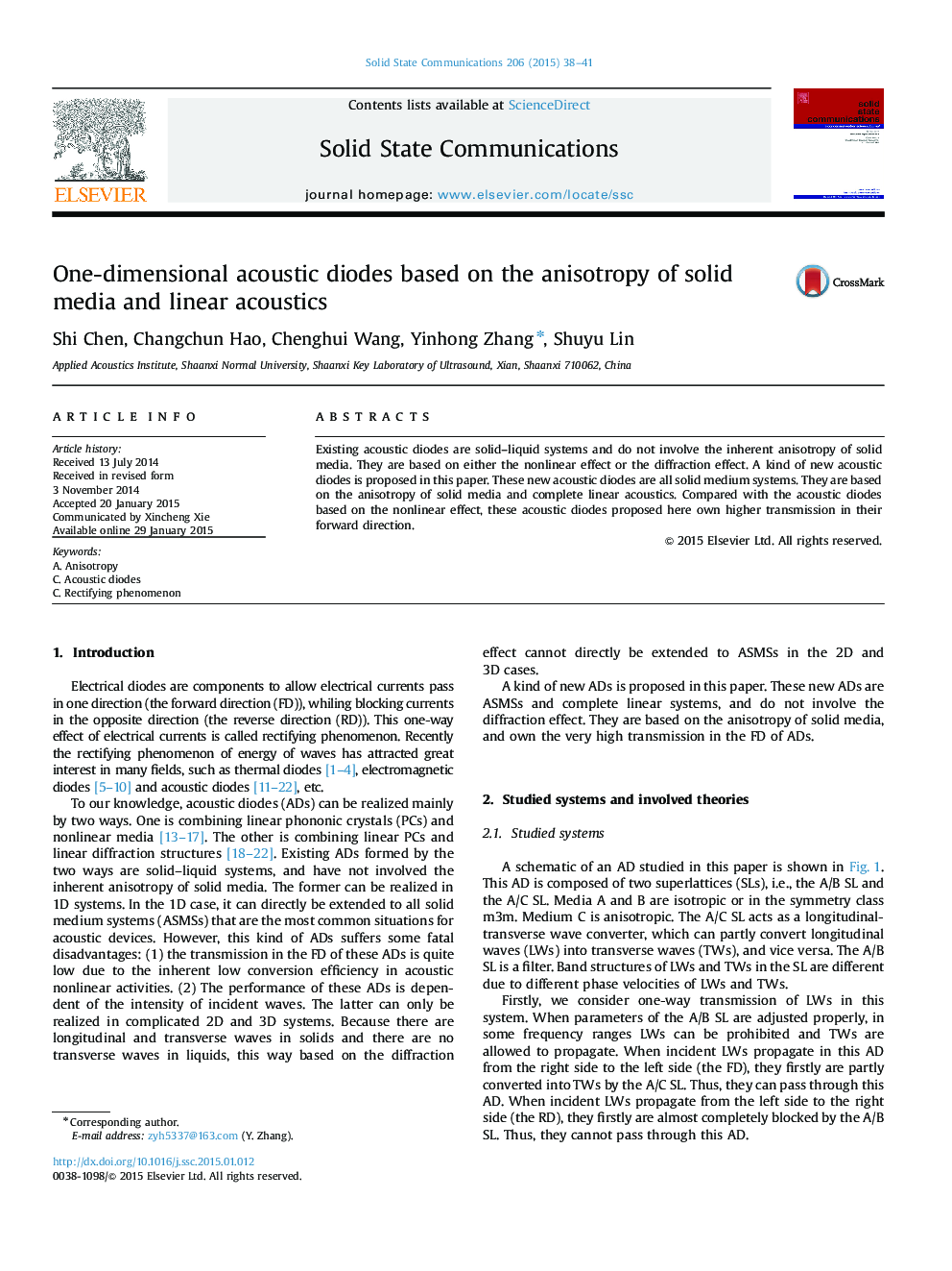 One-dimensional acoustic diodes based on the anisotropy of solid media and linear acoustics