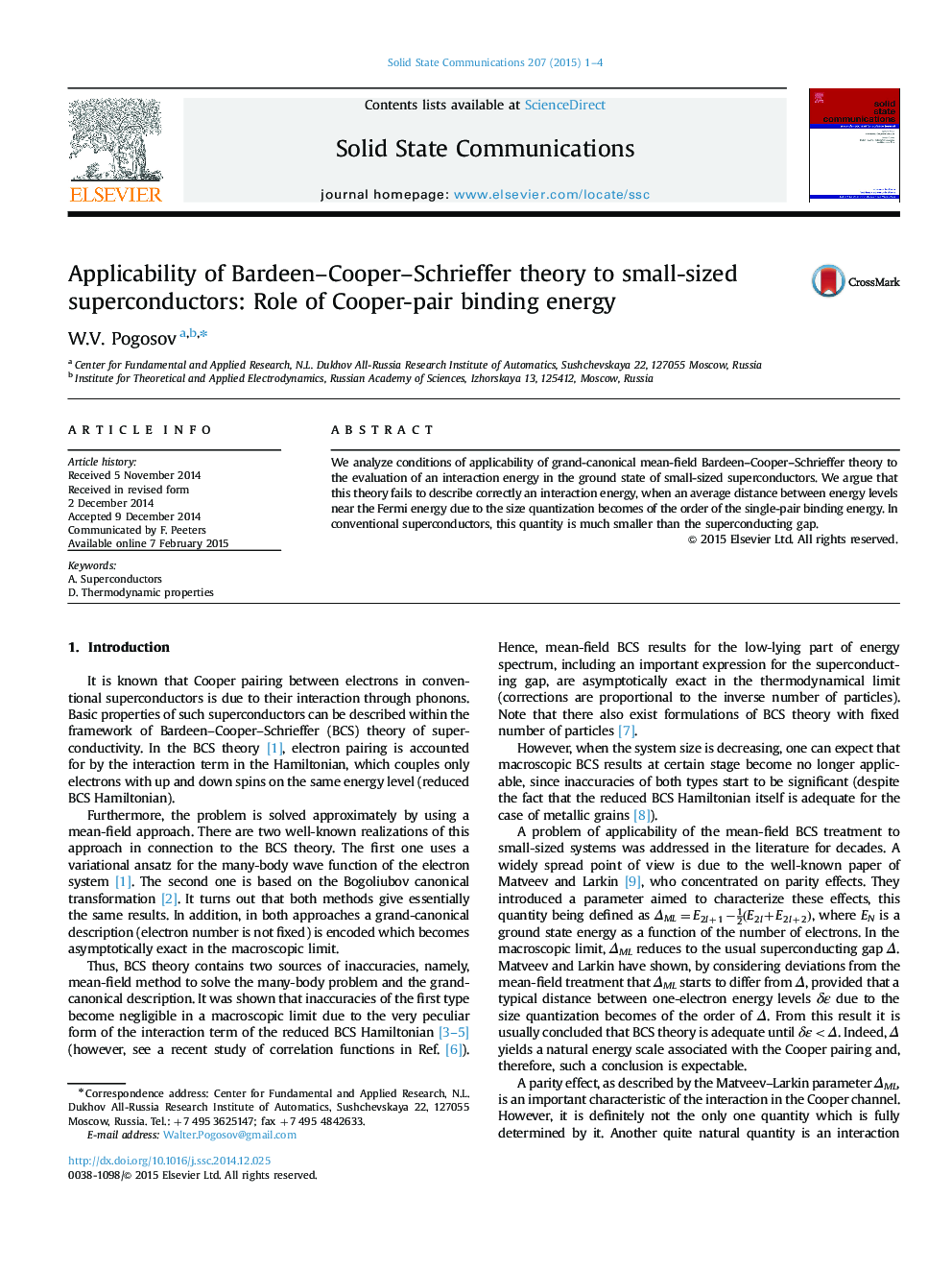عکس صفحه اول مقاله: Applicability of Bardeen–Cooper–Schrieffer theory to small-sized superconductors: Role of Cooper-pair binding energy Applicability of Bardeen–Cooper–Schrieffer theory to small-sized superconductors: Role of Cooper-pair binding energy