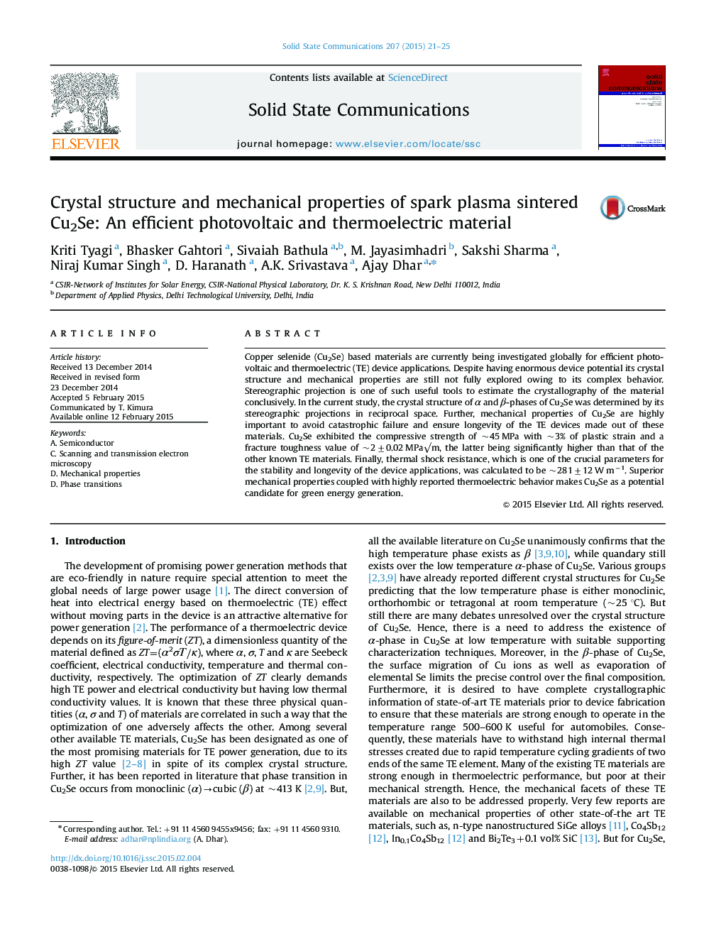 Crystal structure and mechanical properties of spark plasma sintered Cu2Se: An efficient photovoltaic and thermoelectric material