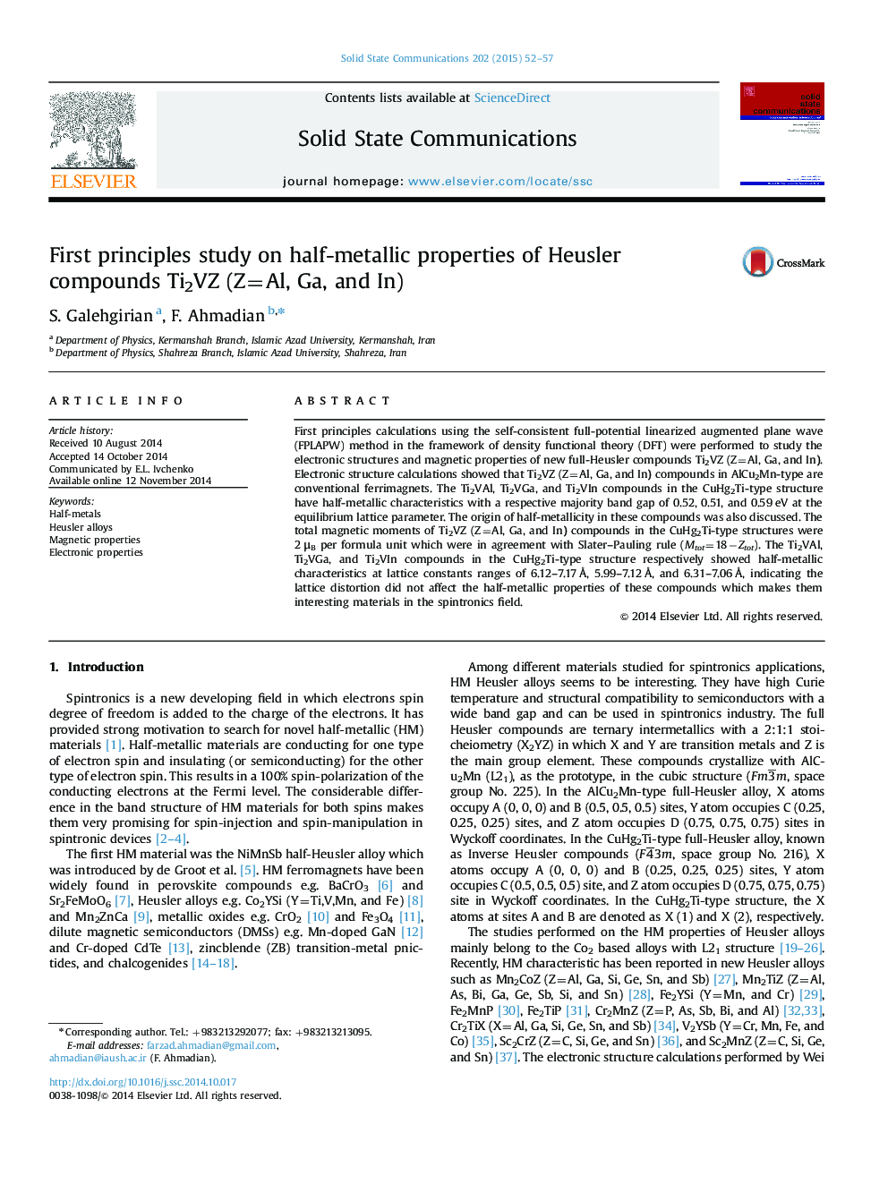 عکس صفحه اول مقاله: First principles study on half-metallic properties of Heusler compounds Ti2VZ (Z=Al, Ga, and In) First principles study on half-metallic properties of Heusler compounds Ti2VZ (Z=Al, Ga, and In)