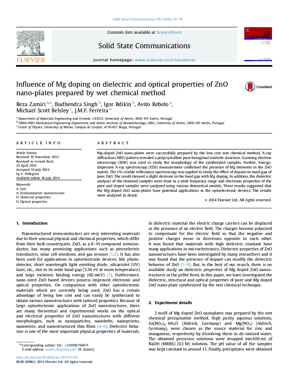 Influence of Mg doping on dielectric and optical properties of ZnO nano-plates prepared by wet chemical method