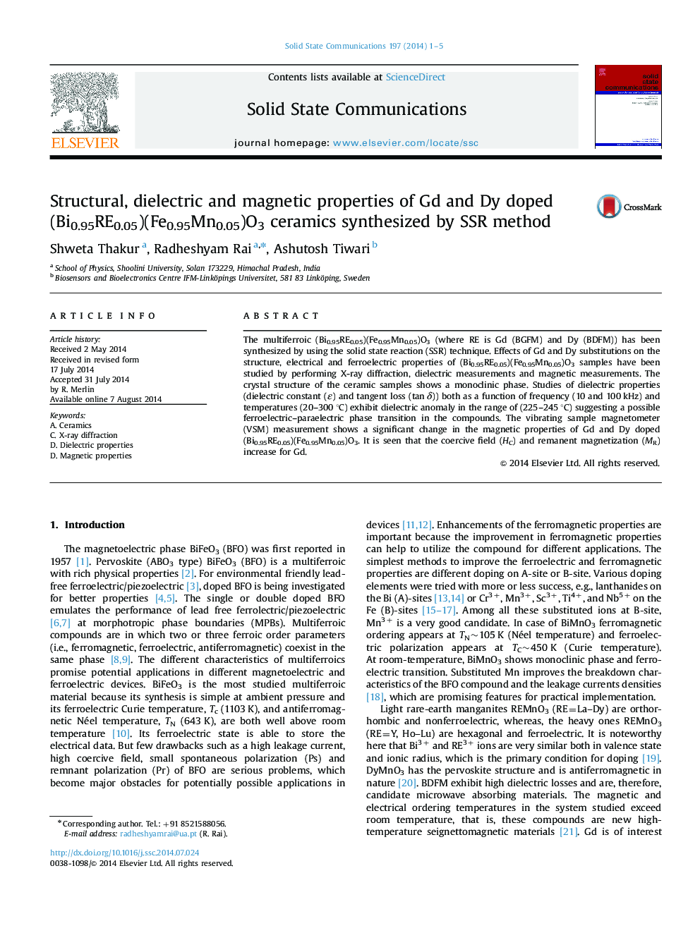 Structural, dielectric and magnetic properties of Gd and Dy doped (Bi0.95RE0.05)(Fe0.95Mn0.05)O3 ceramics synthesized by SSR method