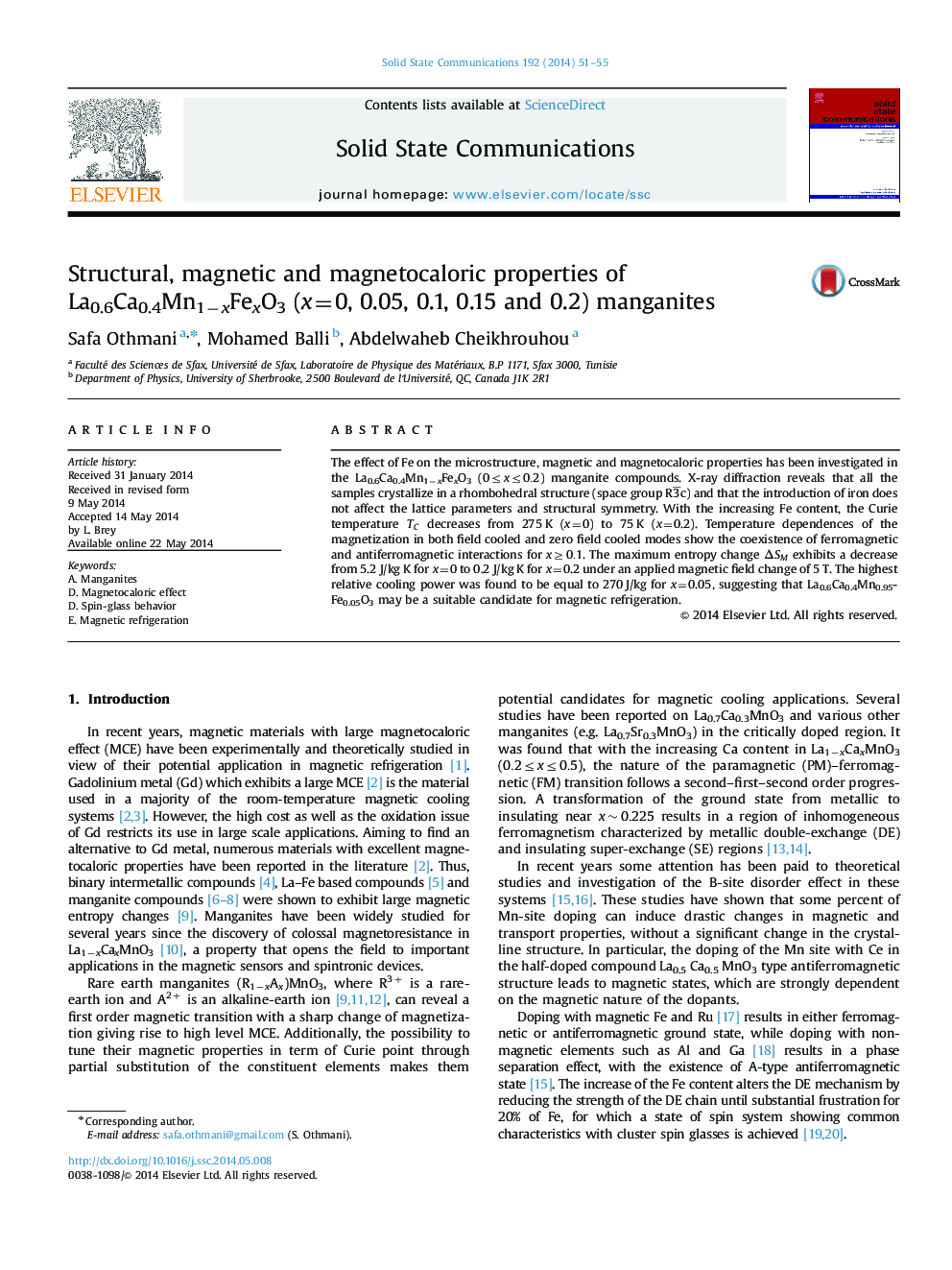 Structural, magnetic and magnetocaloric properties of La0.6Ca0.4Mn1−xFexO3 (x=0, 0.05, 0.1, 0.15 and 0.2) manganites