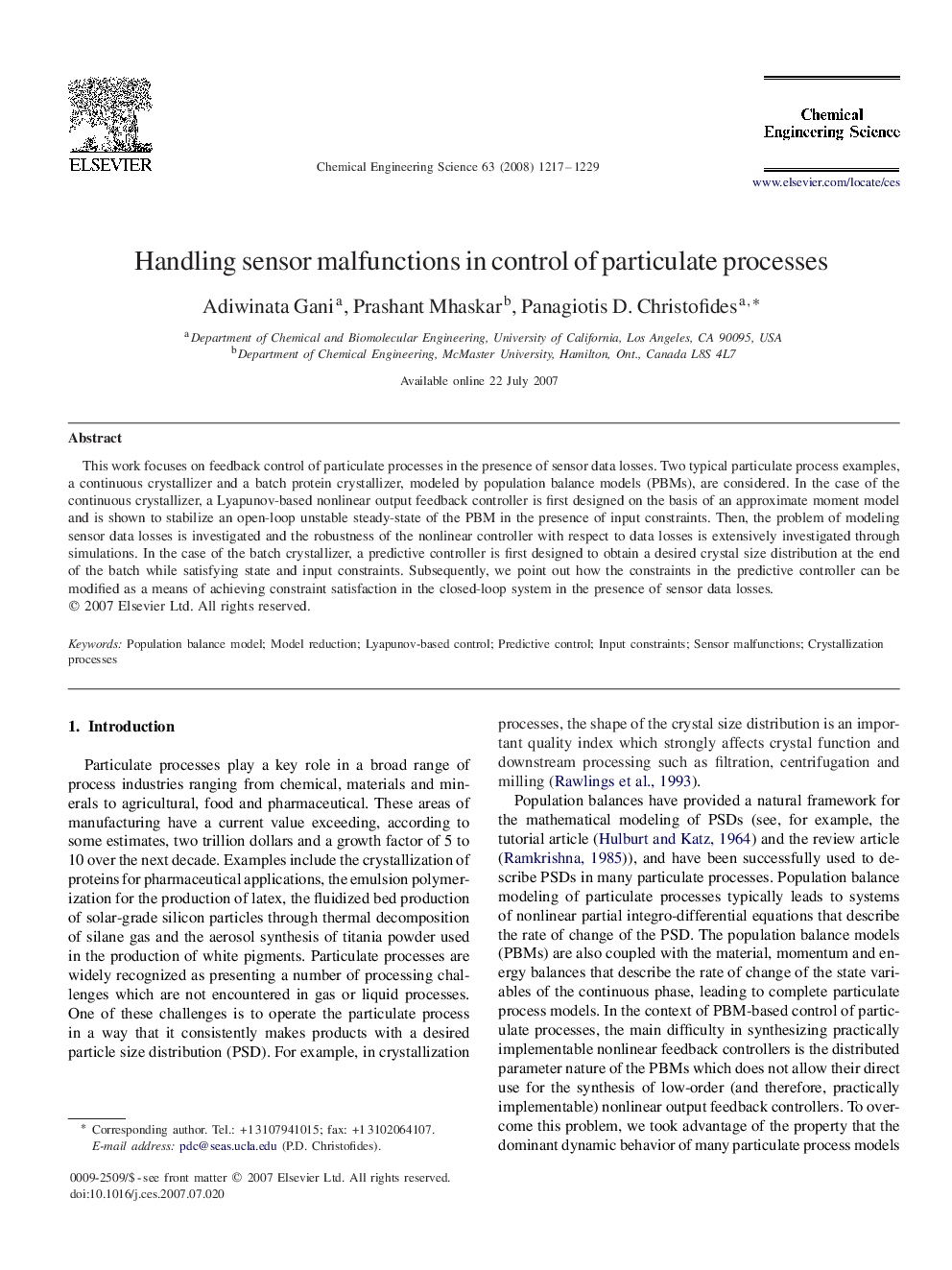 Handling sensor malfunctions in control of particulate processes