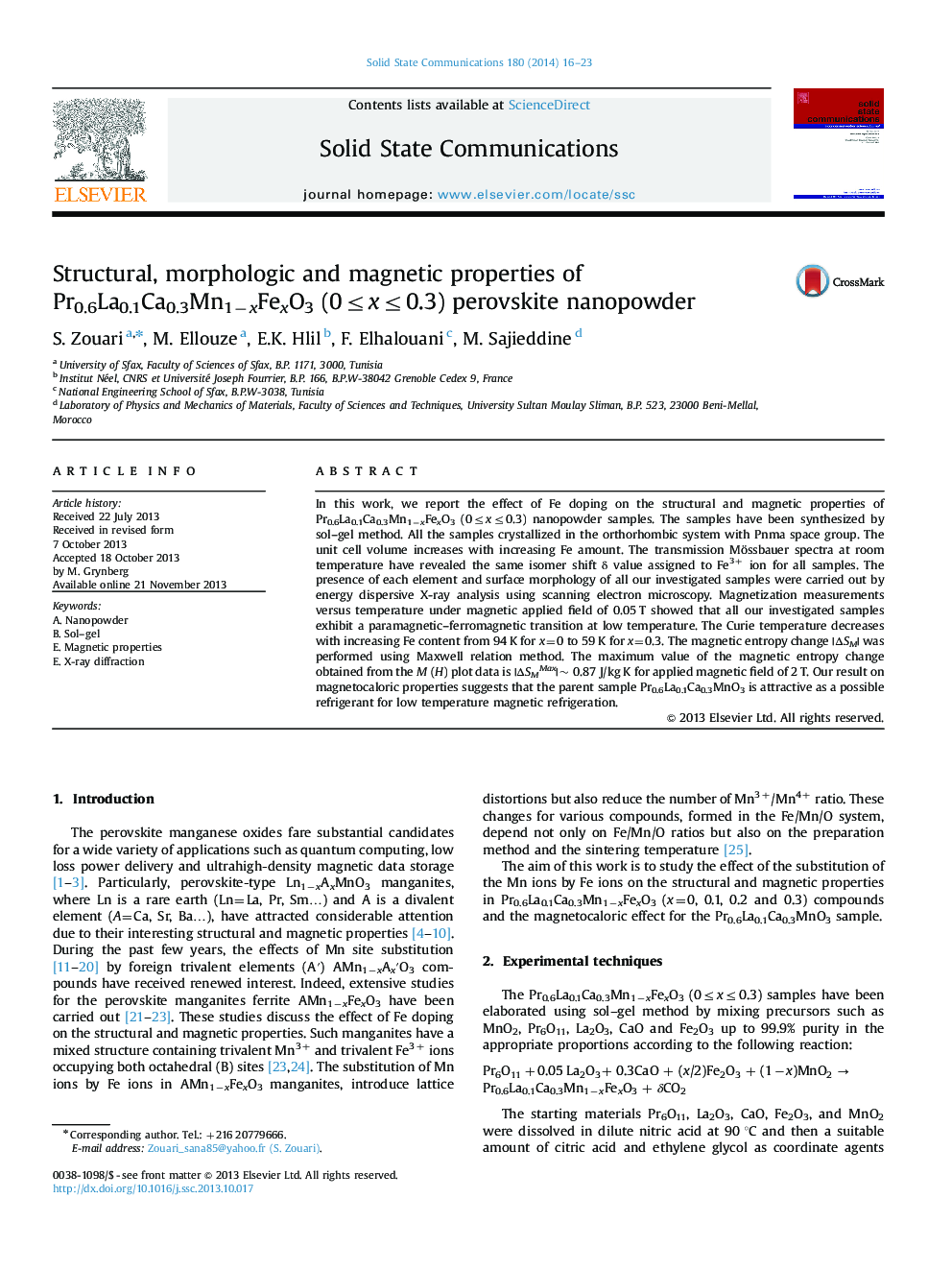 عکس صفحه اول مقاله: Structural, morphologic and magnetic properties of Pr0.6La0.1Ca0.3Mn1−xFexO3 (0≤x≤0.3) perovskite nanopowder Structural, morphologic and magnetic properties of Pr0.6La0.1Ca0.3Mn1−xFexO3 (0≤x≤0.3) perovskite nanopowder