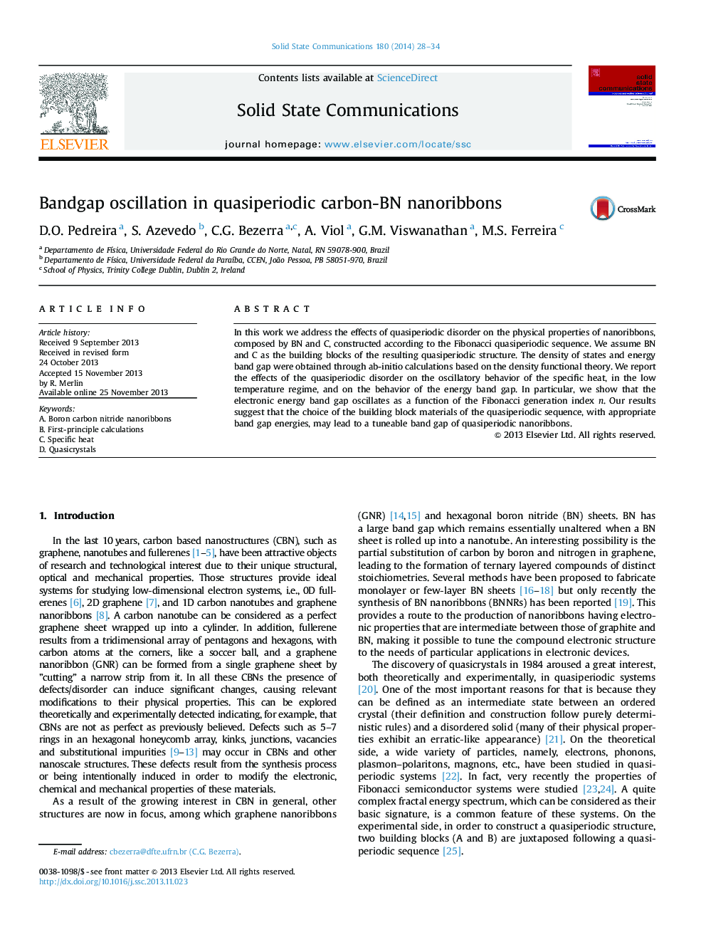 عکس صفحه اول مقاله: Bandgap oscillation in quasiperiodic carbon-BN nanoribbons Bandgap oscillation in quasiperiodic carbon-BN nanoribbons