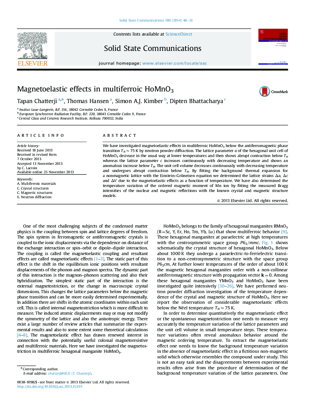 عکس صفحه اول مقاله: Magnetoelastic effects in multiferroic HoMnO3 Magnetoelastic effects in multiferroic HoMnO3
