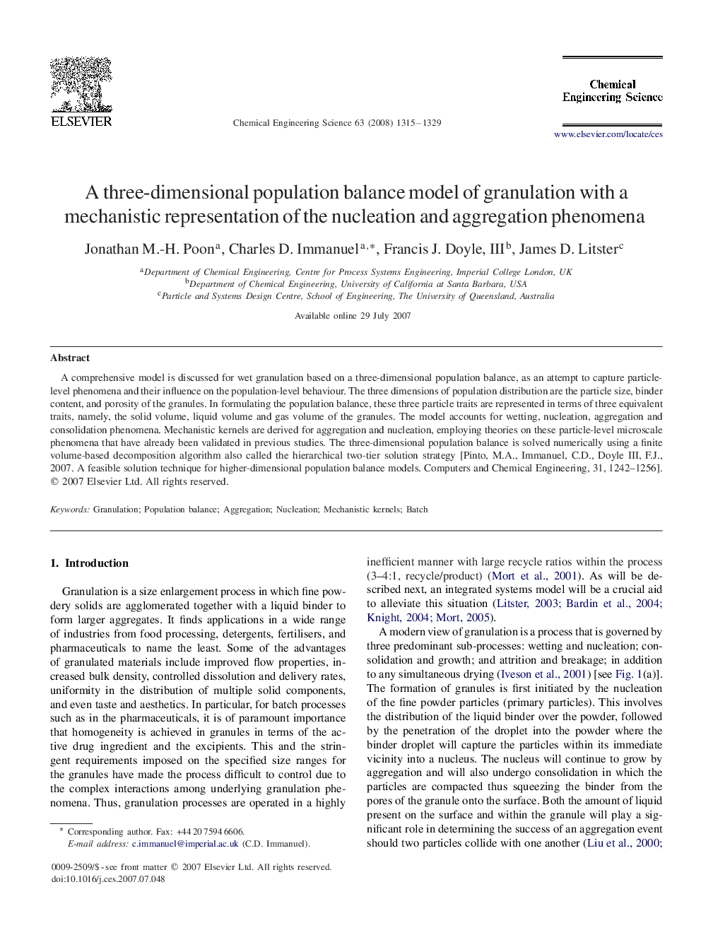 A three-dimensional population balance model of granulation with a mechanistic representation of the nucleation and aggregation phenomena