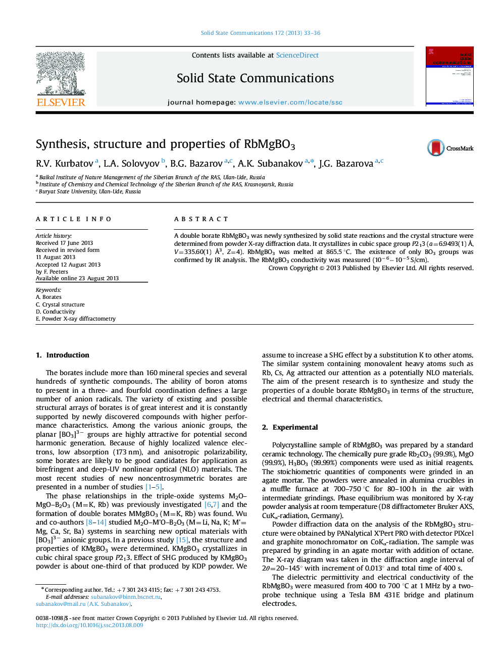 Synthesis, structure and properties of RbMgBO3