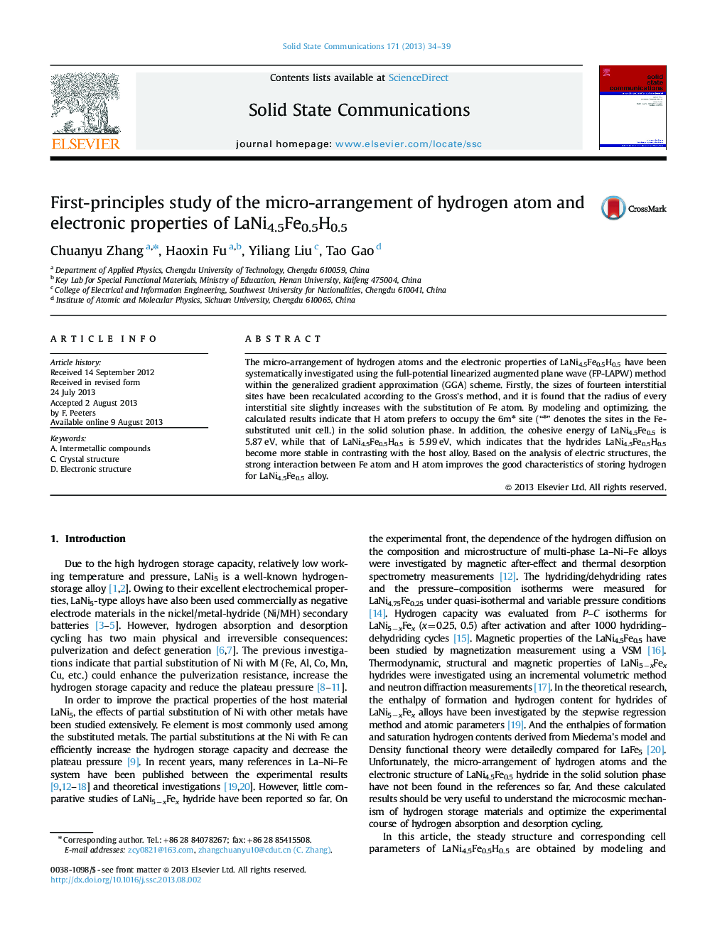 عکس صفحه اول مقاله: First-principles study of the micro-arrangement of hydrogen atom and electronic properties of LaNi4.5Fe0.5H0.5 First-principles study of the micro-arrangement of hydrogen atom and electronic properties of LaNi4.5Fe0.5H0.5