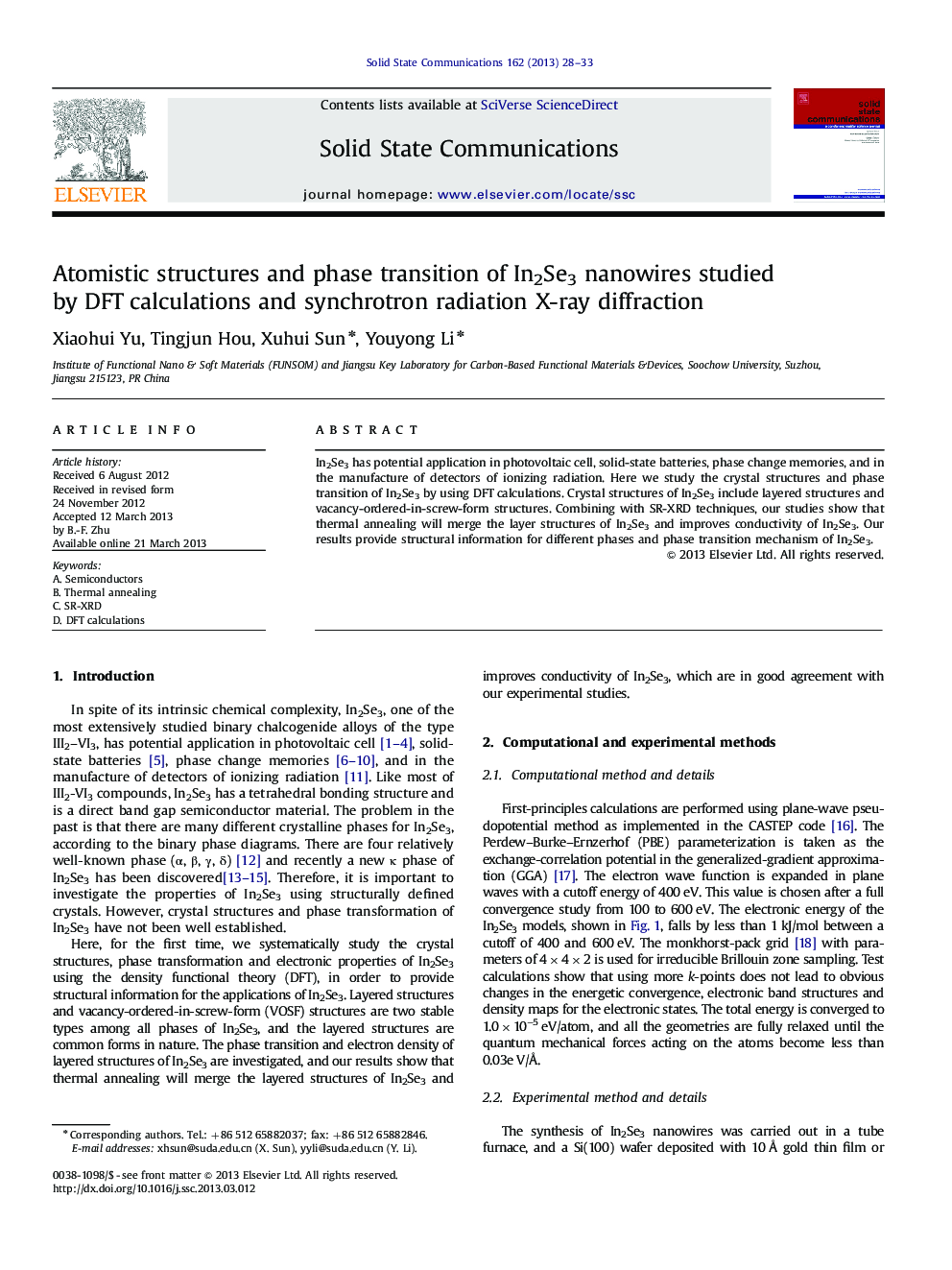 Atomistic structures and phase transition of In2Se3 nanowires studied by DFT calculations and synchrotron radiation X-ray diffraction