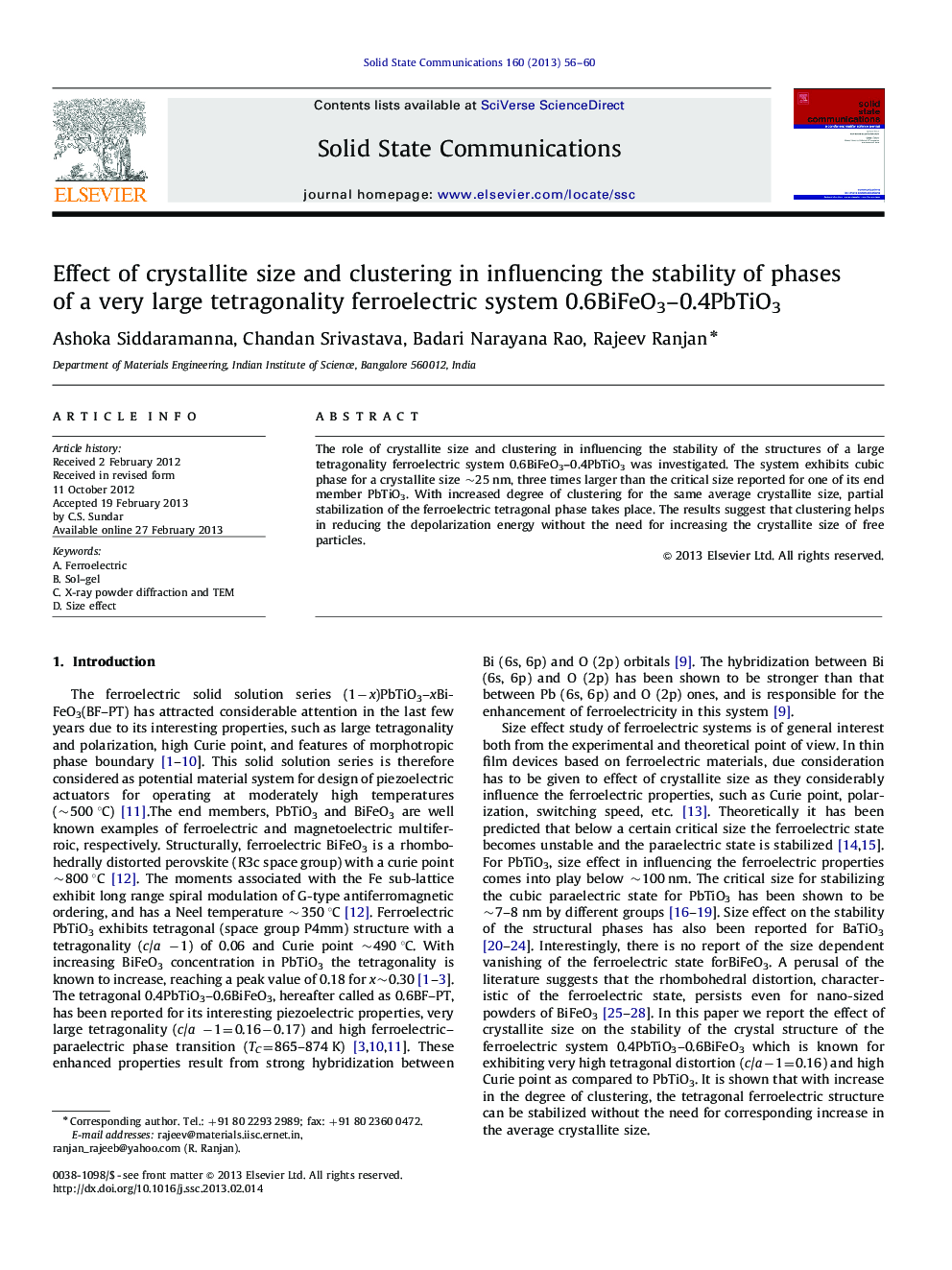 Effect of crystallite size and clustering in influencing the stability of phases of a very large tetragonality ferroelectric system 0.6BiFeO3–0.4PbTiO3