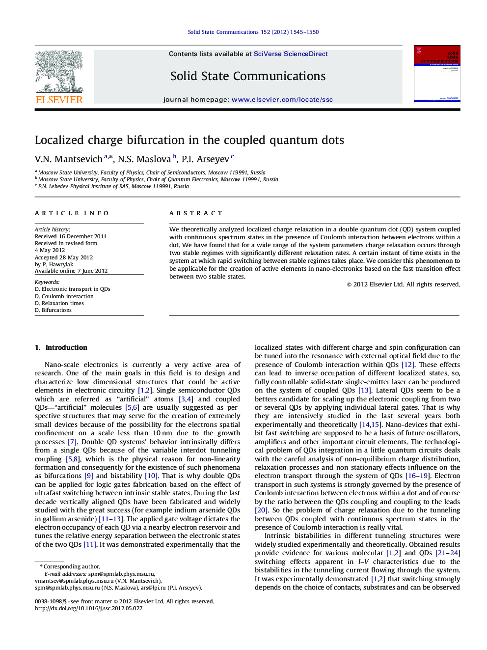 Localized charge bifurcation in the coupled quantum dots