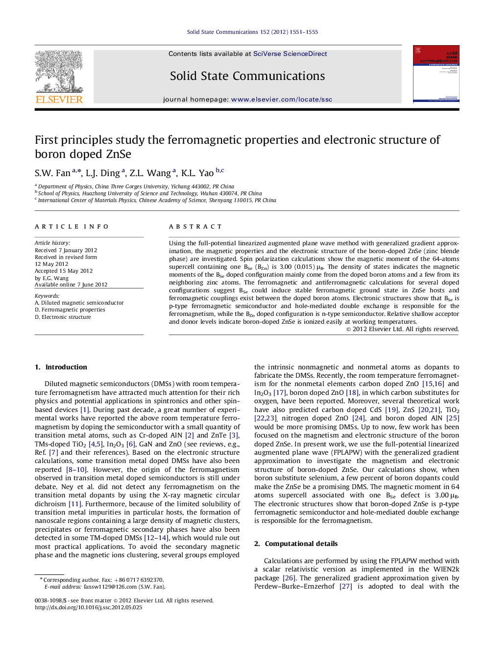 First principles study the ferromagnetic properties and electronic structure of boron doped ZnSe