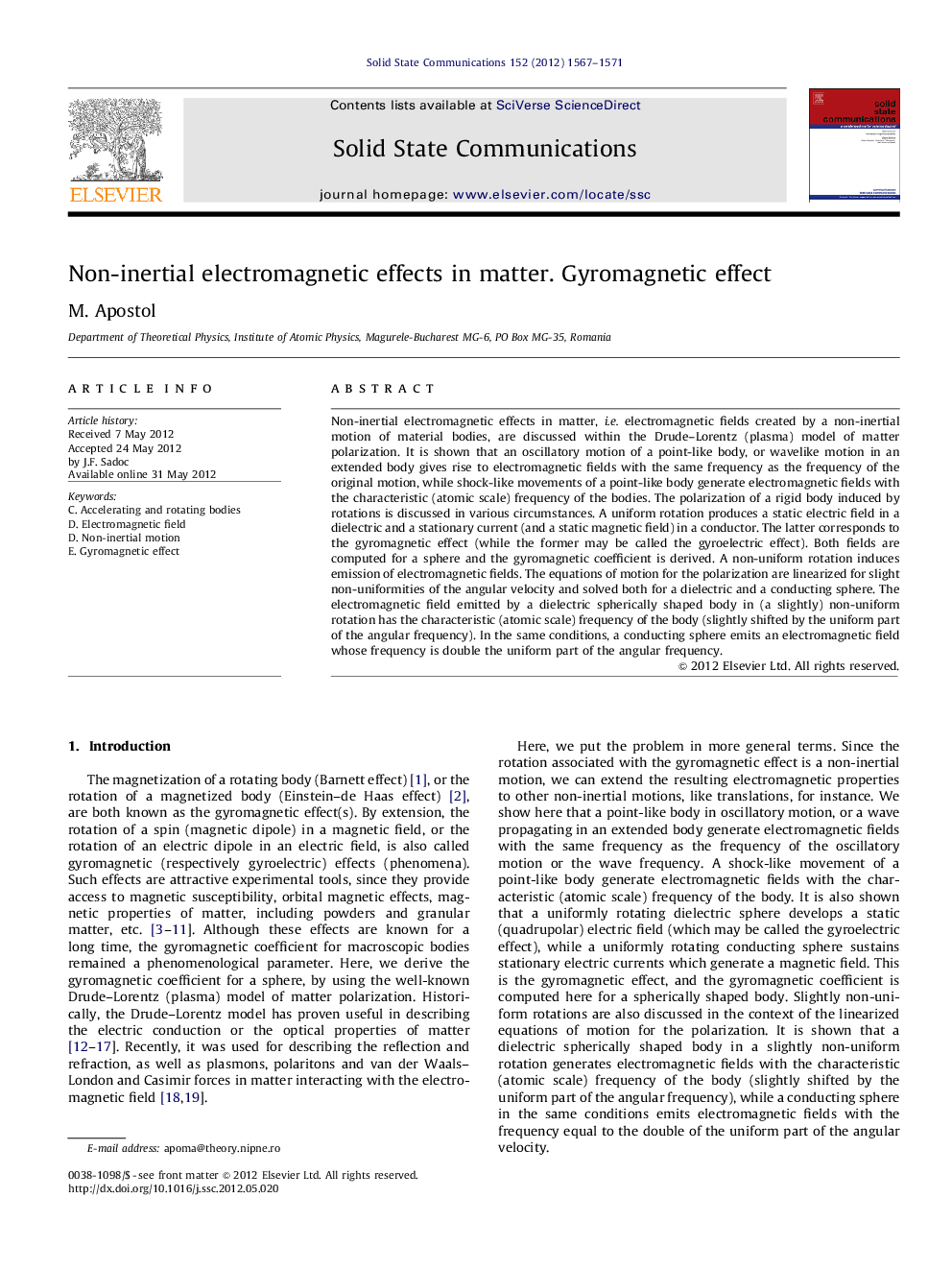 Non-inertial electromagnetic effects in matter. Gyromagnetic effect