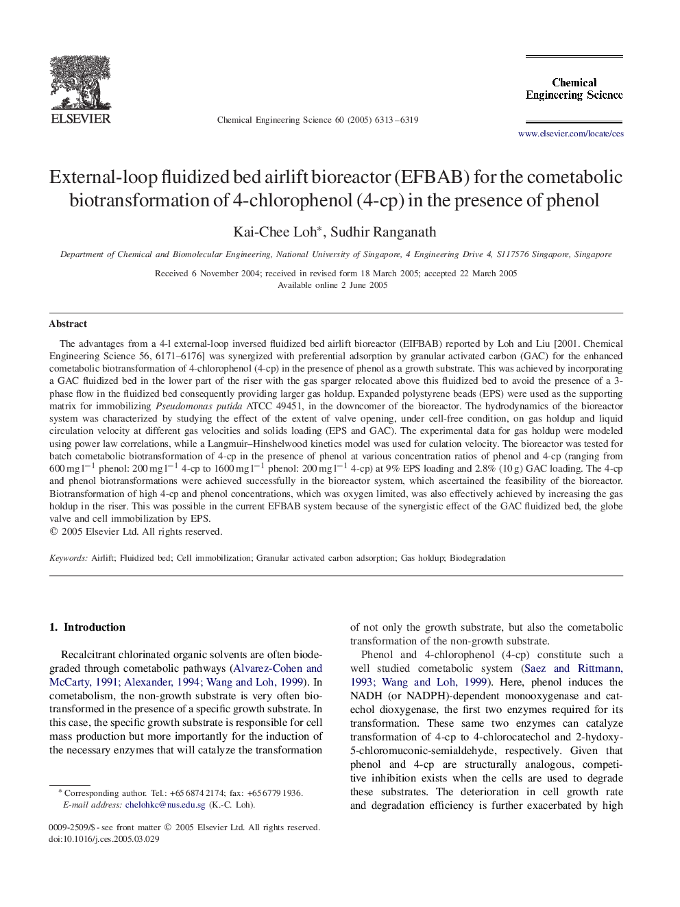 External-loop fluidized bed airlift bioreactor (EFBAB) for the cometabolic biotransformation of 4-chlorophenol (4-cp) in the presence of phenol