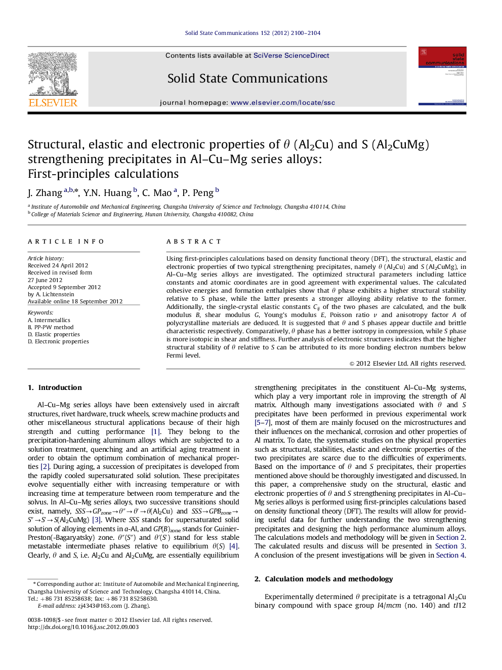 Structural, elastic and electronic properties of θ (Al2Cu) and S (Al2CuMg) strengthening precipitates in Al–Cu–Mg series alloys: First-principles calculations