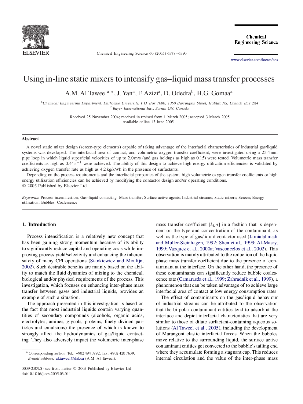 عکس صفحه اول مقاله: Using in-line static mixers to intensify gas–liquid mass transfer processes Using in-line static mixers to intensify gas–liquid mass transfer processes