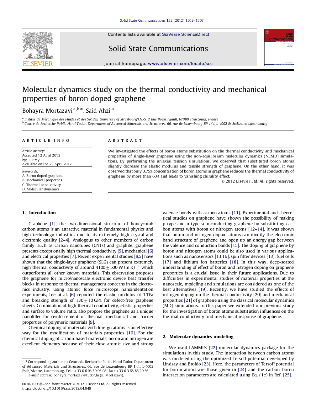 Molecular dynamics study on the thermal conductivity and mechanical properties of boron doped graphene