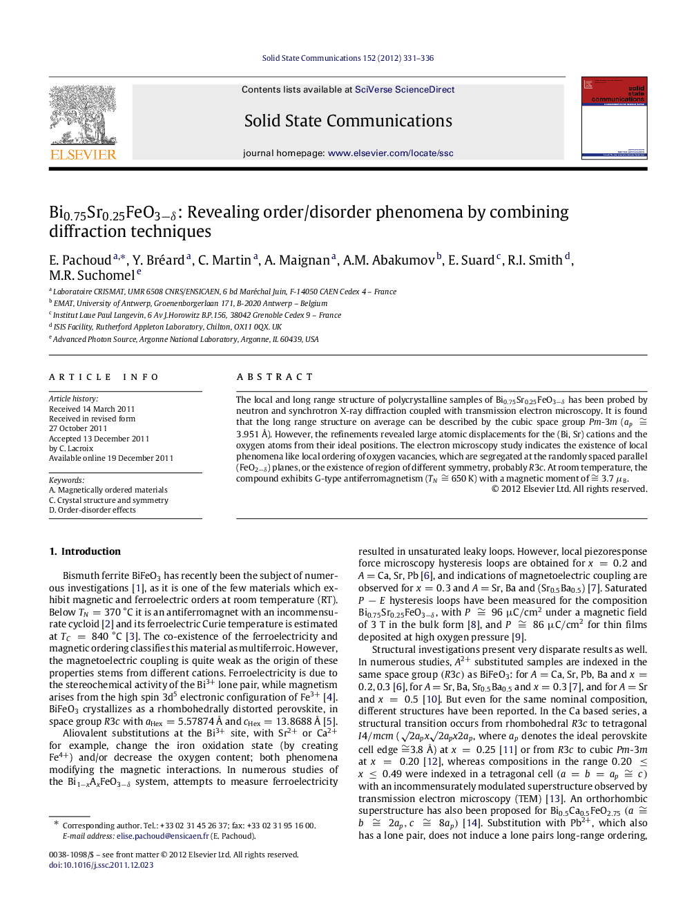 Bi0.75Sr0.25FeO3−δ : Revealing order/disorder phenomena by combining diffraction techniques