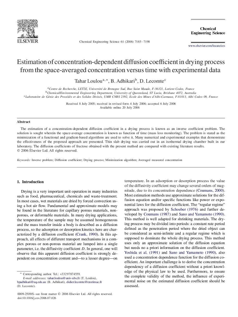 Estimation of concentration-dependent diffusion coefficient in drying process from the space-averaged concentration versus time with experimental data