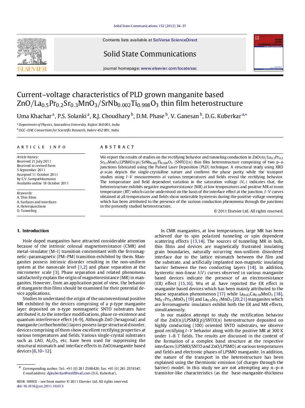 Current–voltage characteristics of PLD grown manganite based ZnO/La0.5Pr0.2Sr0.3MnO3/SrNb0.002Ti0.998O3 thin film heterostructure