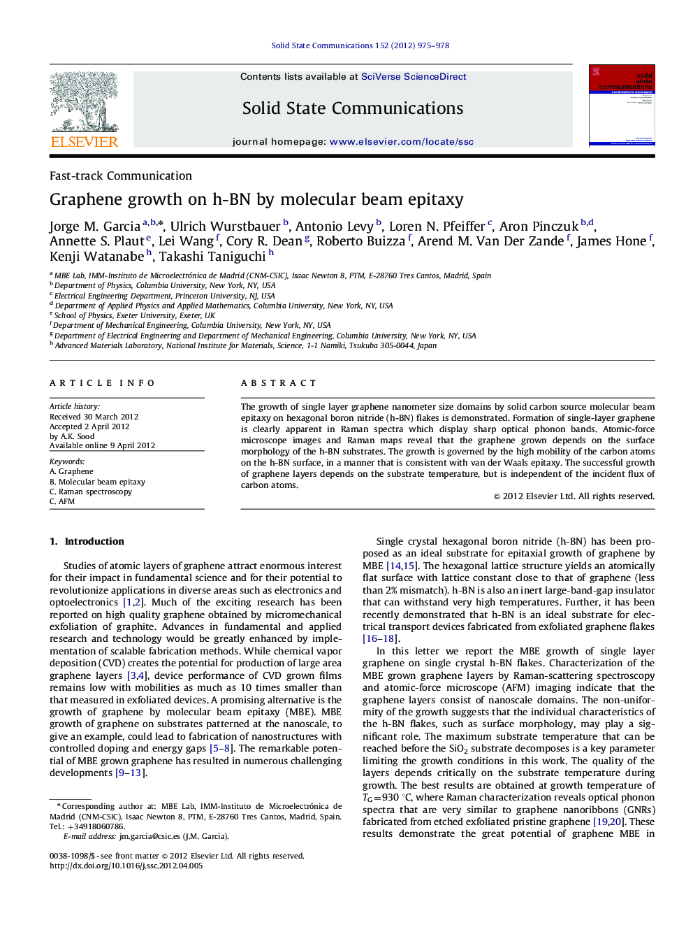 Graphene growth on h-BN by molecular beam epitaxy