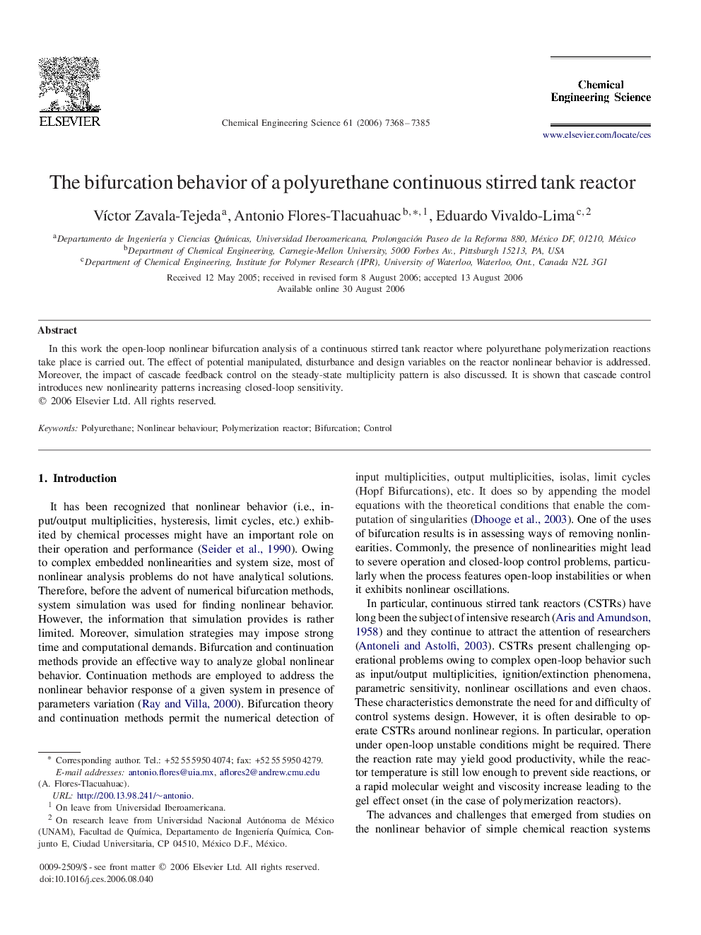 The bifurcation behavior of a polyurethane continuous stirred tank reactor