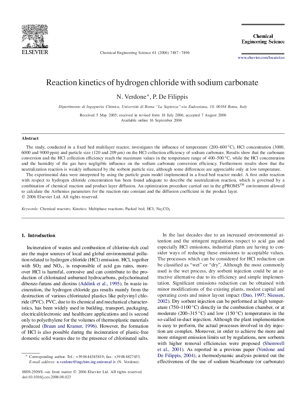 Reaction kinetics of hydrogen chloride with sodium carbonate