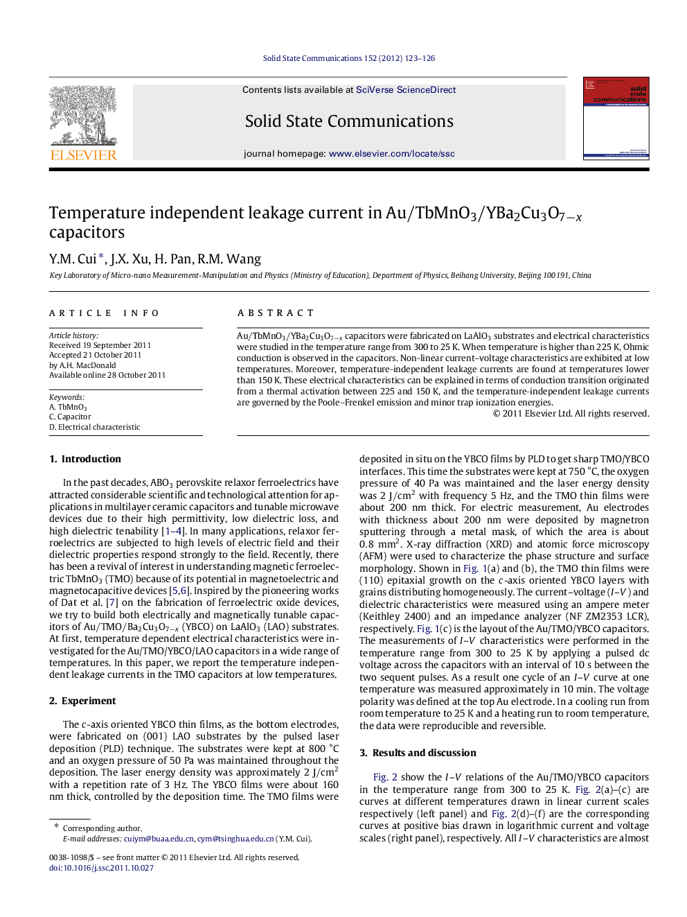 Temperature independent leakage current in Au/TbMnO3/Y Ba2Cu3O7−x capacitors