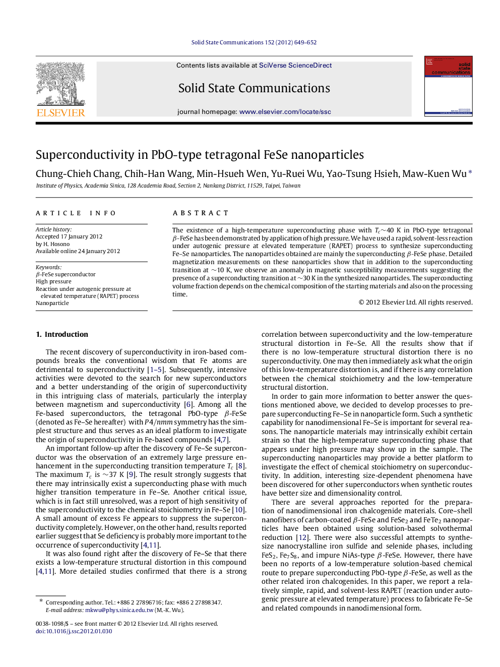 عکس صفحه اول مقاله: Superconductivity in PbO-type tetragonal FeSe nanoparticles Superconductivity in PbO-type tetragonal FeSe nanoparticles