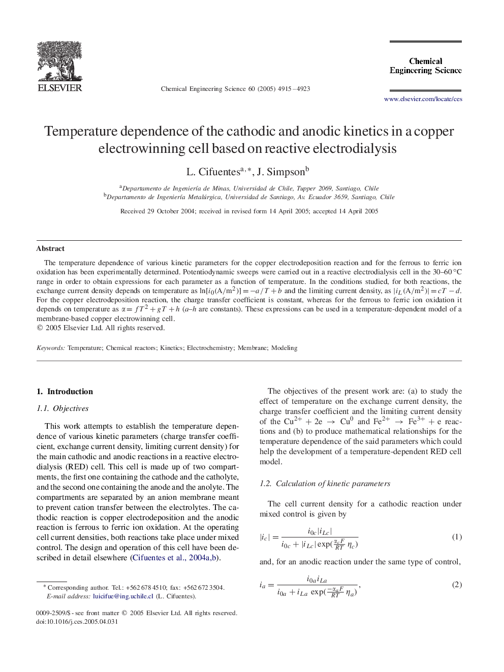 Temperature dependence of the cathodic and anodic kinetics in a copper electrowinning cell based on reactive electrodialysis